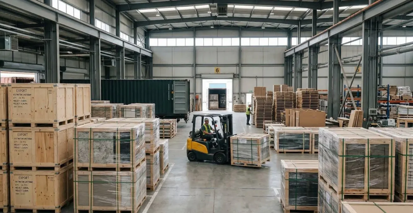 Organized warehouse interior with stacked decorative building panels prepared for container shipping