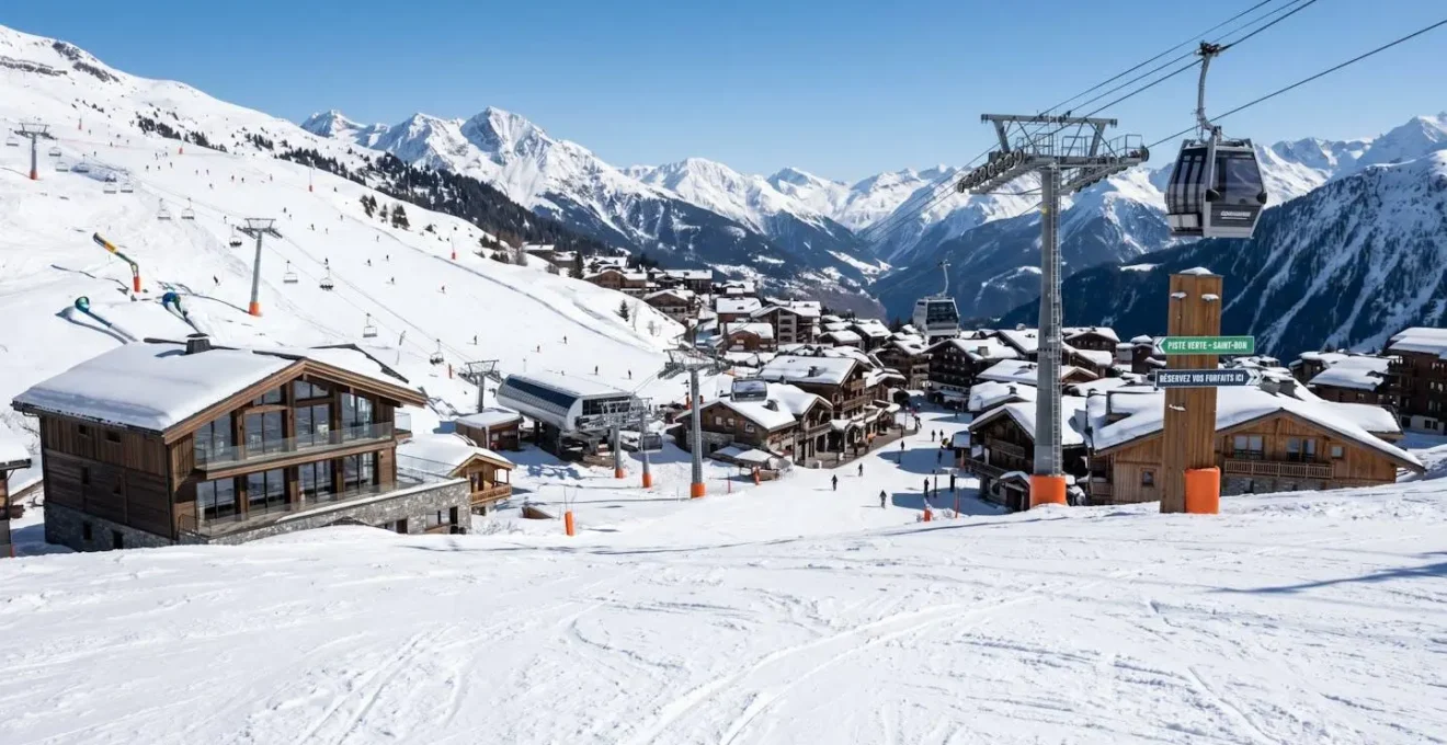 Wide-angle daytime view of Courchevel 1850's resort centre showing the spatial relationship between modern chalet properties and the Bellecôte ski lift infrastructure, with groomed pistes visible in mid-ground.