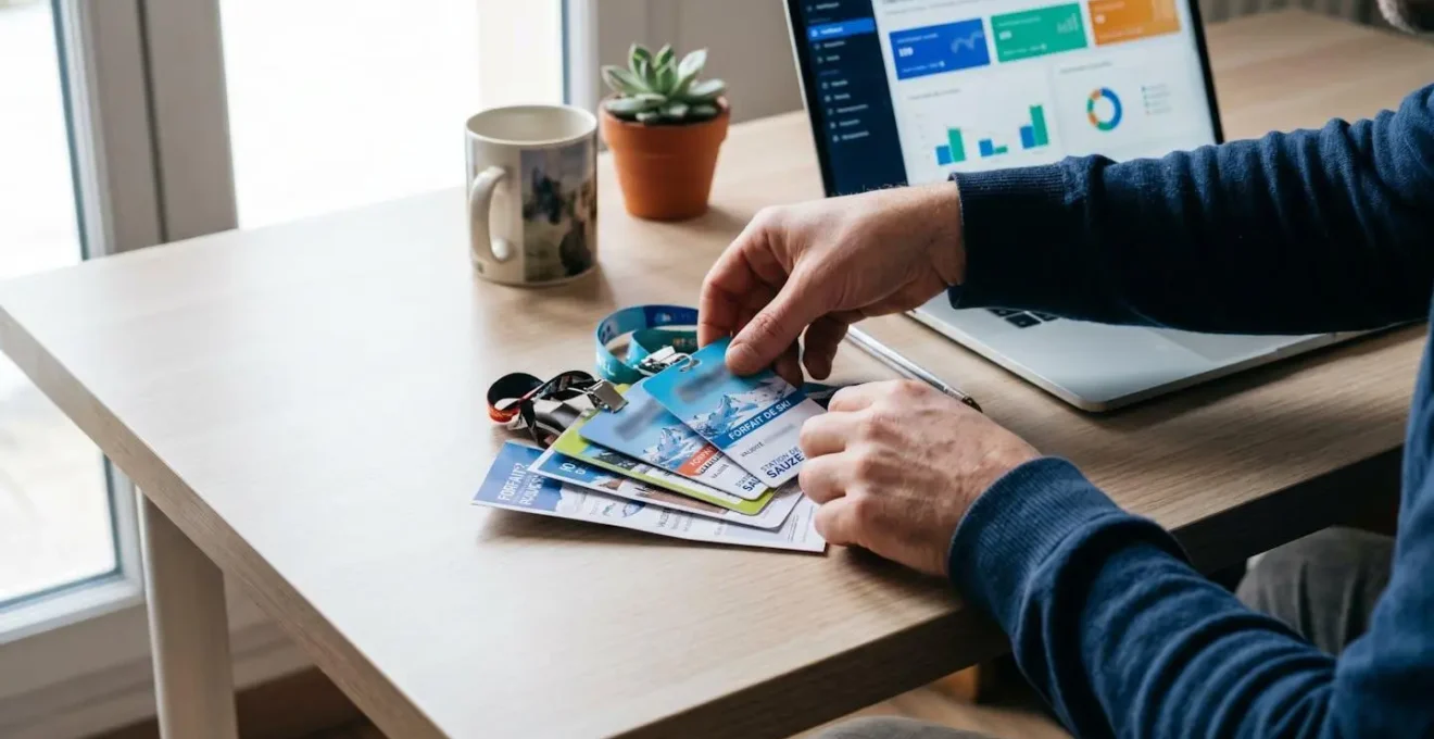 Close-up of hands arranging ski lift passes and resort service vouchers on a clean wooden desk surface, with shallow depth of field creating soft bokeh in the background.