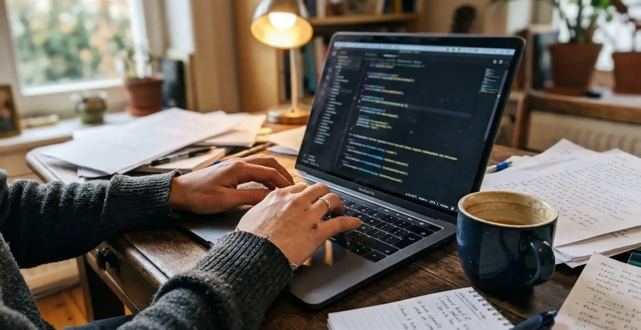 Close-up of hands typing on a laptop keyboard, coffee cup nearby, papers scattered on desk, smartphone face-down beside the computer