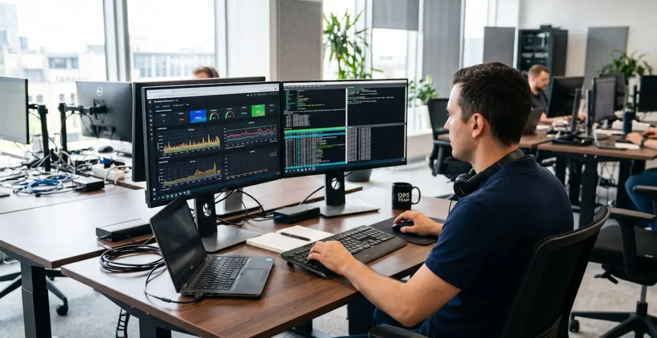 IT professional viewed from behind working at dual monitor setup displaying network graphs and Teams call diagnostic data in modern office workspace