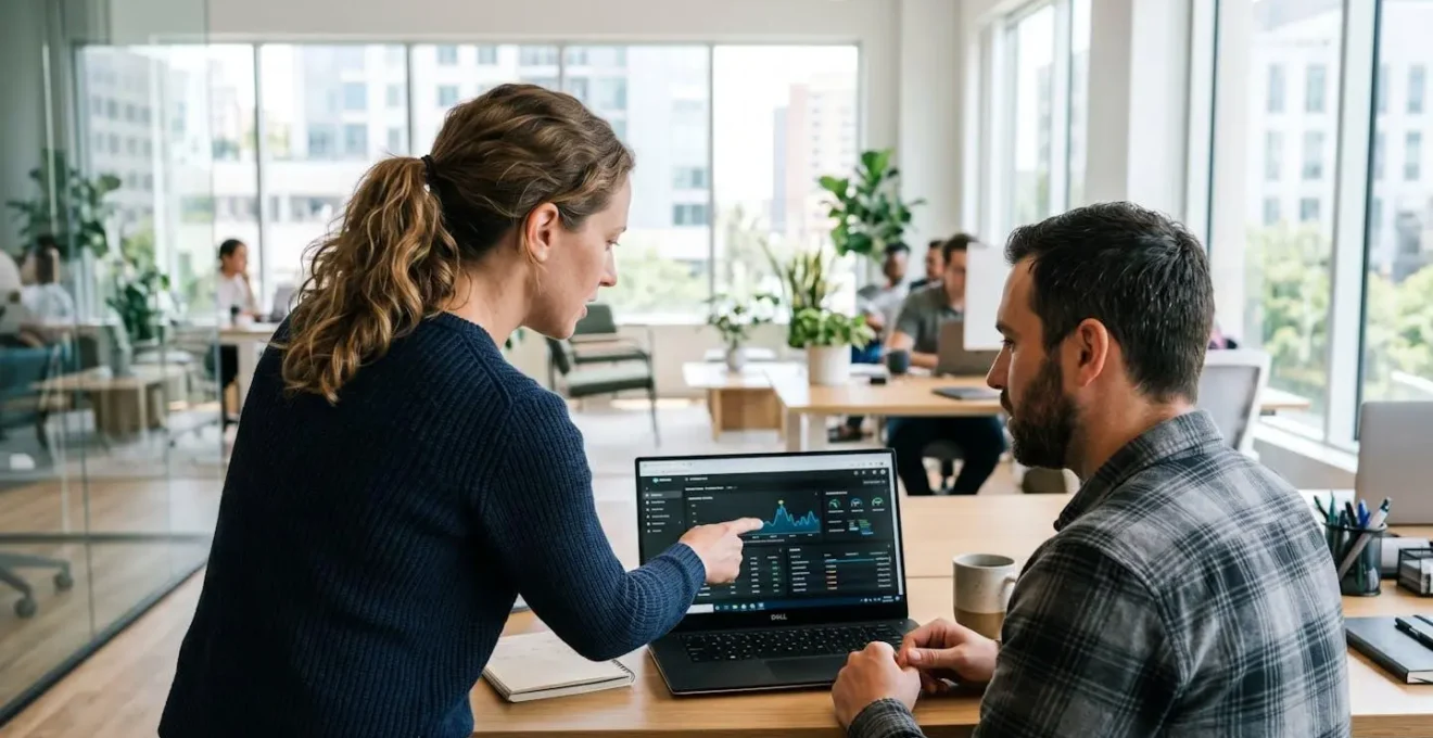Two IT professionals collaborating over a laptop displaying monitoring graphs in a modern office, viewed from over-the-shoulder perspective with natural window lighting