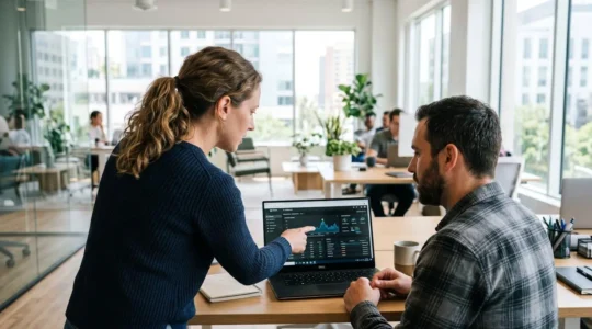 Two IT professionals collaborating over a laptop displaying monitoring graphs in a modern office, viewed from over-the-shoulder perspective with natural window lighting