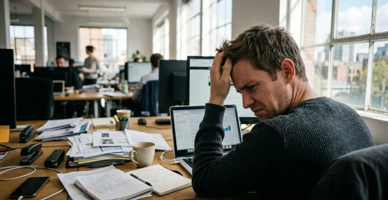 A marketing professional at a cluttered desk stares at a laptop screen, coffee cup beside them, expression of focused concentration in a bright open office