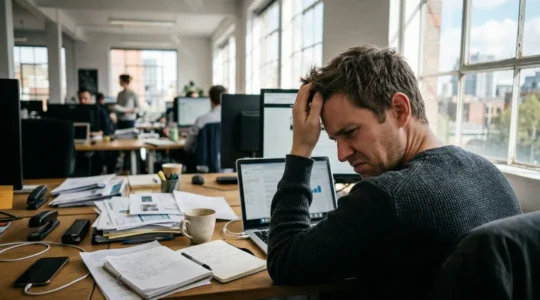 A marketing professional at a cluttered desk stares at a laptop screen, coffee cup beside them, expression of focused concentration in a bright open office