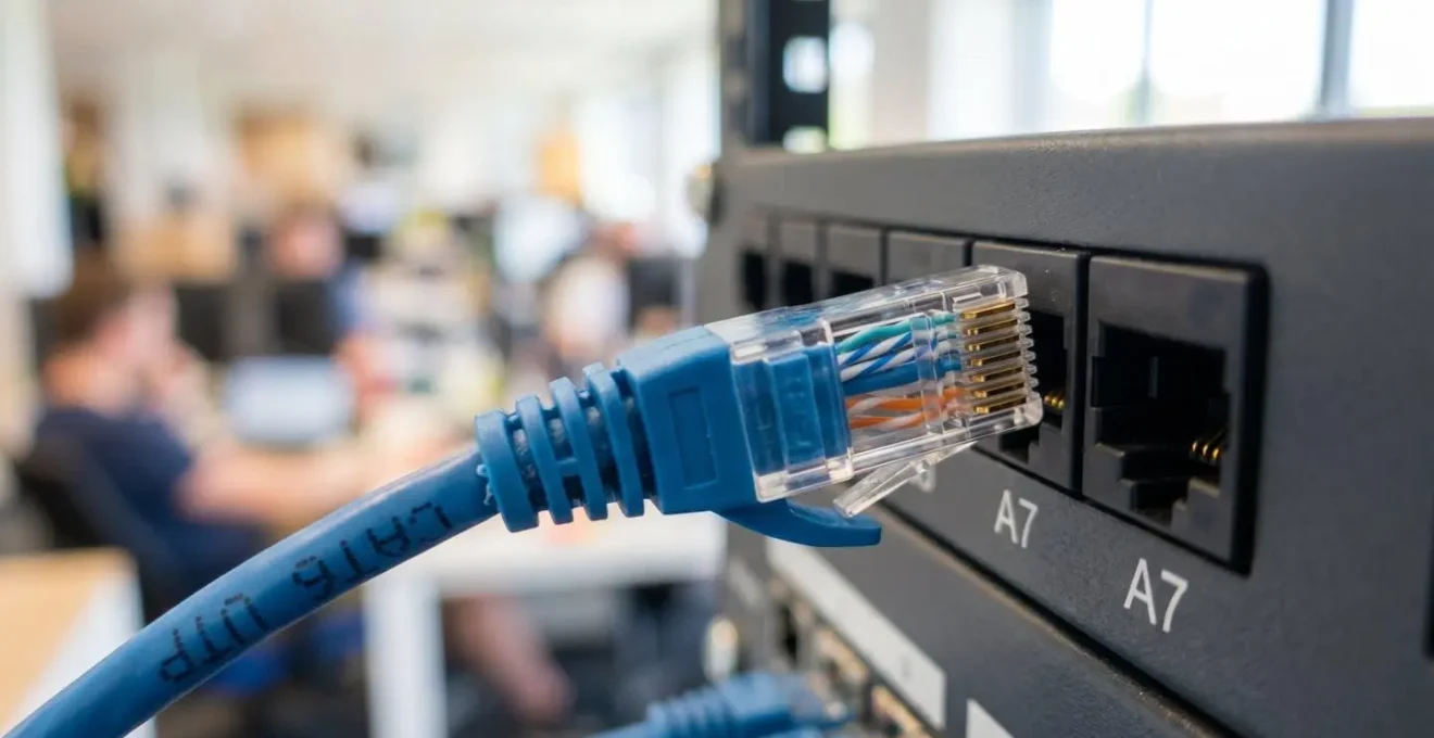 Extreme close-up of an RJ45 network cable connector being inserted into a router port with shallow depth of field and blurred office environment background