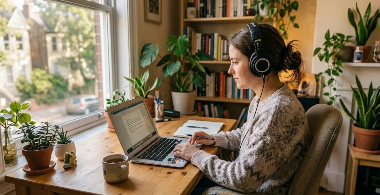 A person wearing headphones works on a laptop at a cafe or home office setting, relaxed posture, natural environment with plants and books visible