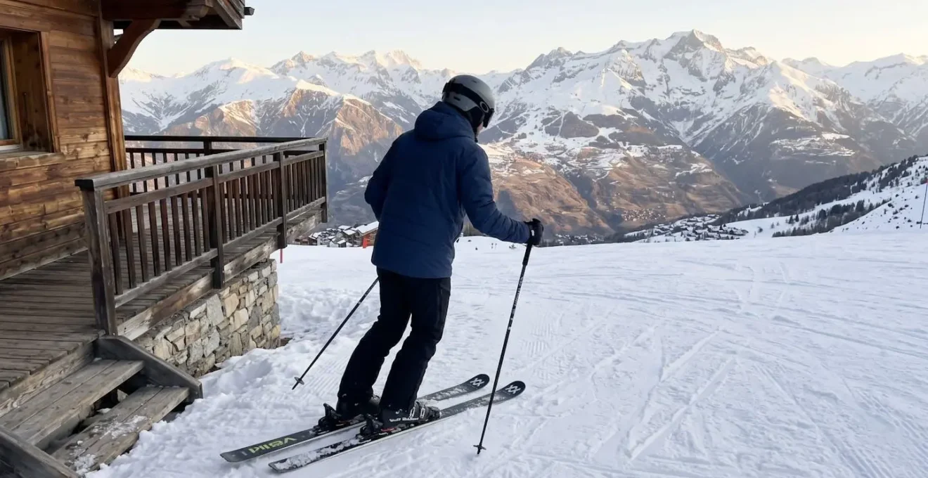 A skier in contemporary gear steps from a modern alpine chalet's terrace directly onto a snow-covered piste, ski poles in hand, with Courchevel's mountain peaks visible under morning sunlight.