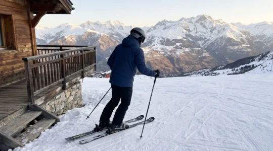 A skier in contemporary gear steps from a modern alpine chalet's terrace directly onto a snow-covered piste, ski poles in hand, with Courchevel's mountain peaks visible under morning sunlight.