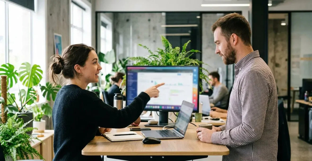 Two colleagues in casual business attire discuss something at a standing desk area, one pointing at a blurred screen, natural body language mid-conversation